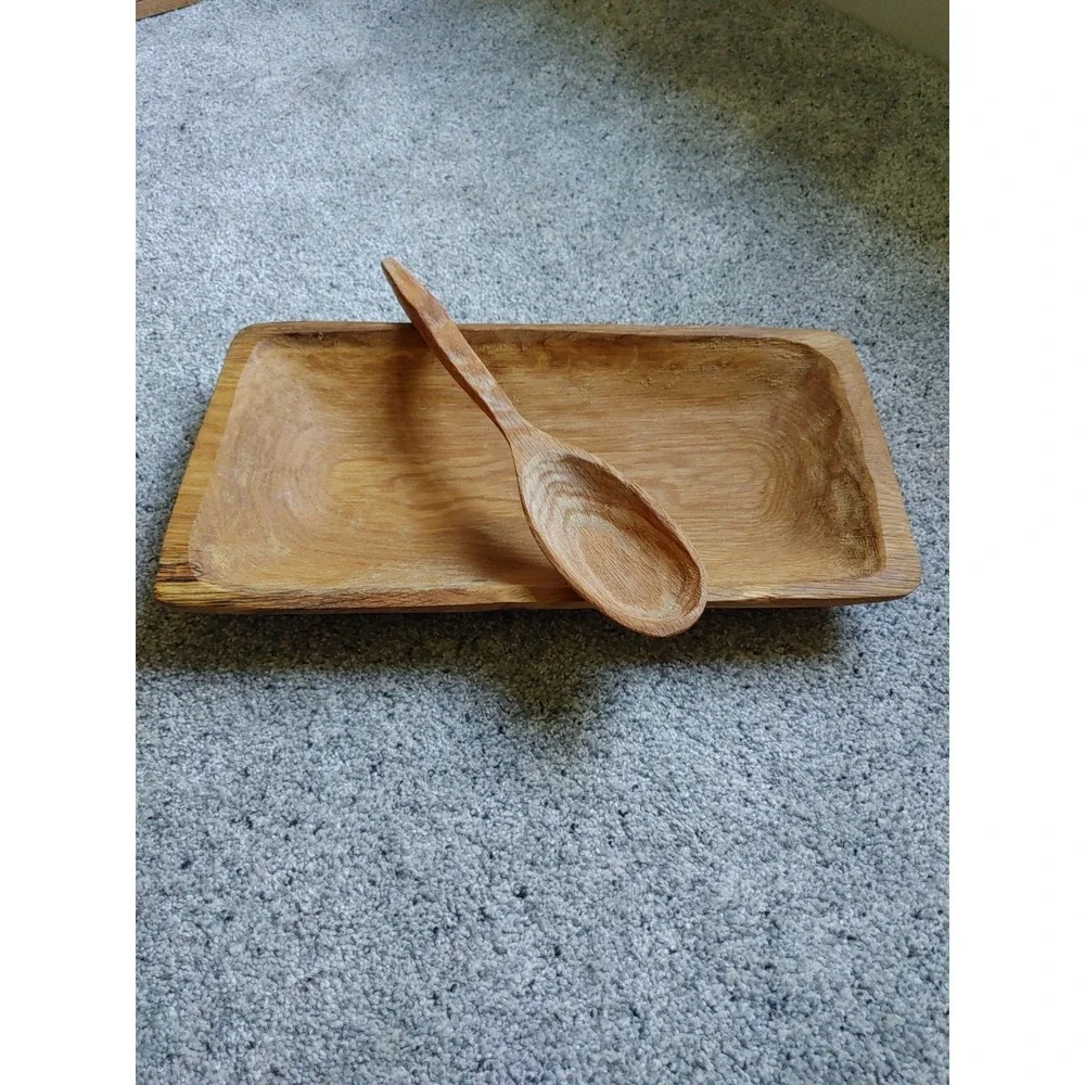 Hand Carved Wooden Dough Tray Decor Rustic Farmhouse Bread Serving Bowl & Spoon